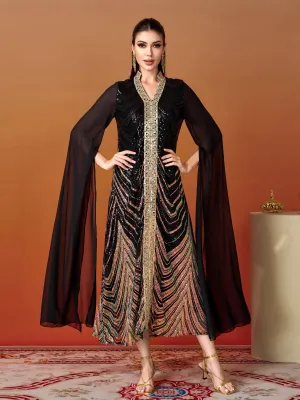 V-Neck Black Sequin Maxi Dress MES00349