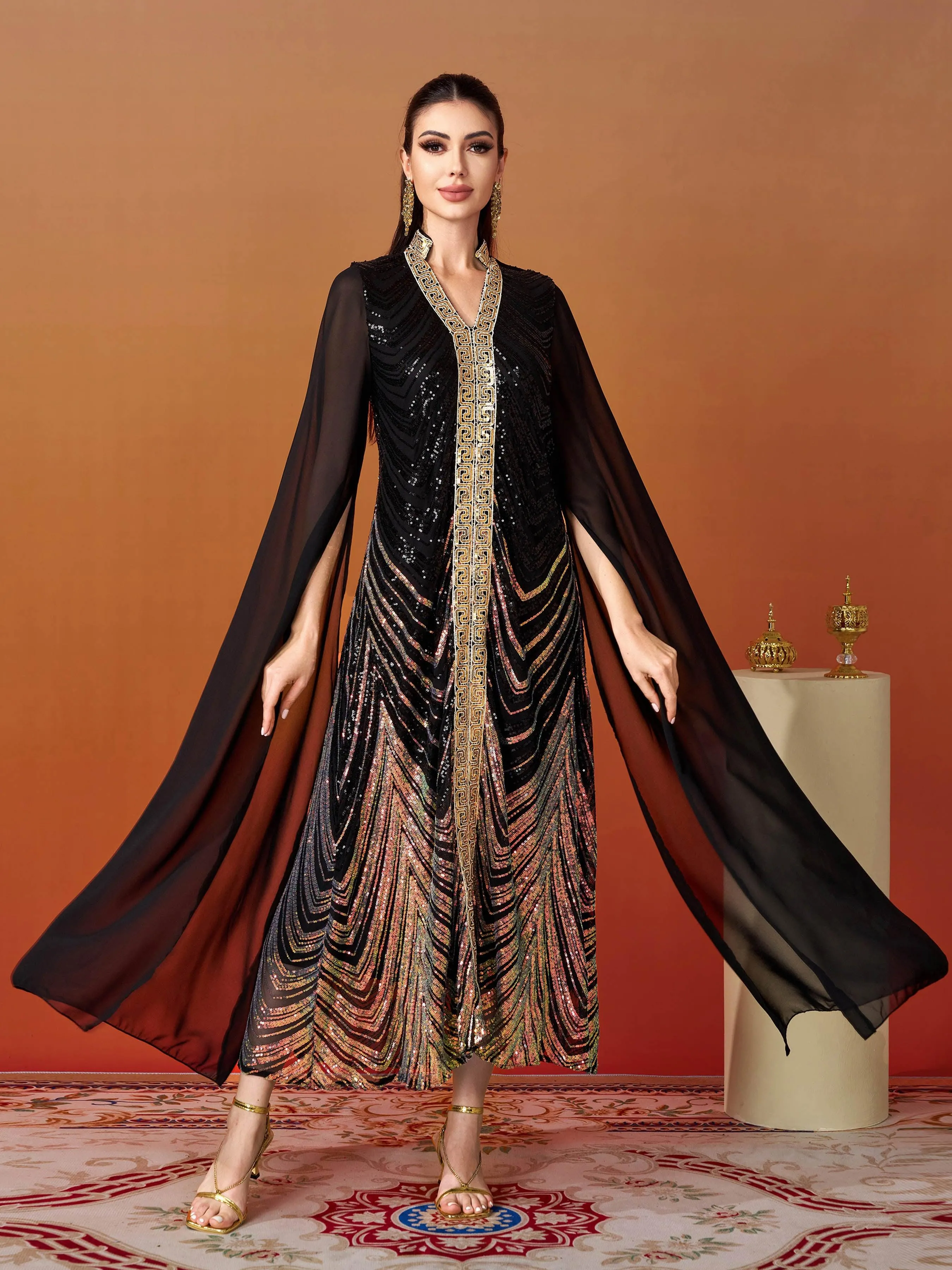 V-Neck Black Sequin Maxi Dress MES00349