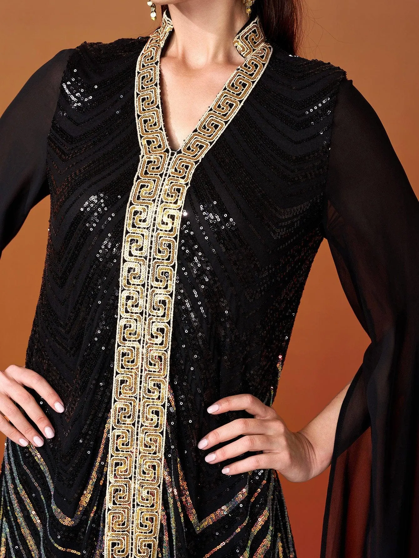 V-Neck Black Sequin Maxi Dress MES00349