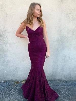 V Neck Long Backless Mermaid Lace Purple Prom, Backless Mermaid Purple Lace Formal, Mermaid Lace Purple Evening