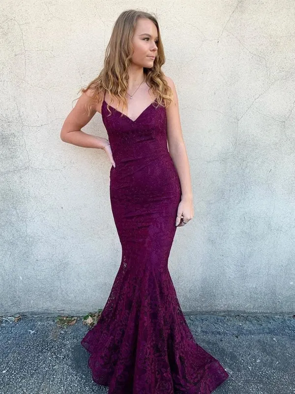 V Neck Long Backless Mermaid Lace Purple Prom, Backless Mermaid Purple Lace Formal, Mermaid Lace Purple Evening