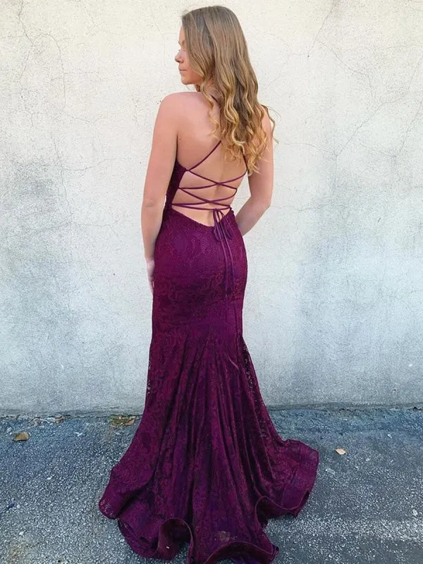 V Neck Long Backless Mermaid Lace Purple Prom, Backless Mermaid Purple Lace Formal, Mermaid Lace Purple Evening