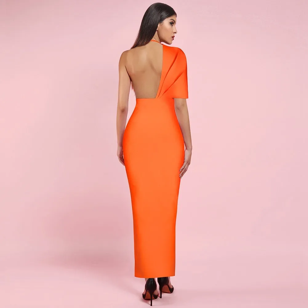 V Neck Short Sleeve Backless Maxi Bandage Dress PF19077