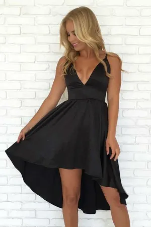 V-neckline Black High Low Homecoming Dress with Double Straps