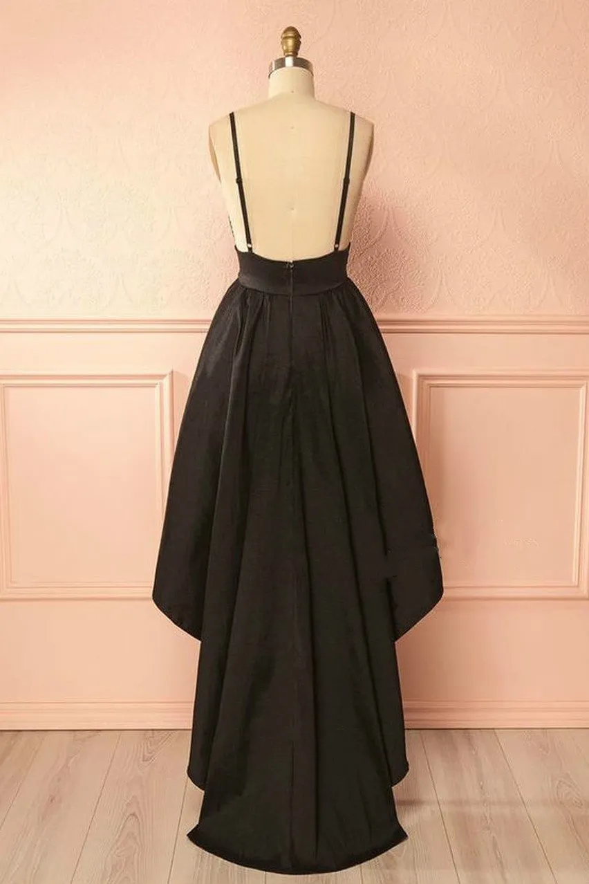 V-neckline Black High Low Homecoming Dress with Double Straps