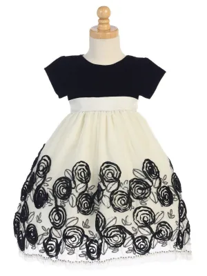 Velvet and Tulle Holiday Dress with Black Satin Ribbon Flowers  C-989B
