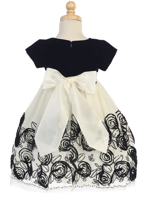 Velvet and Tulle Holiday Dress with Black Satin Ribbon Flowers  C-989B