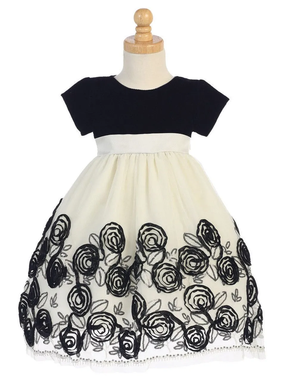 Velvet and Tulle Holiday Dress with Black Satin Ribbon Flowers  C-989B