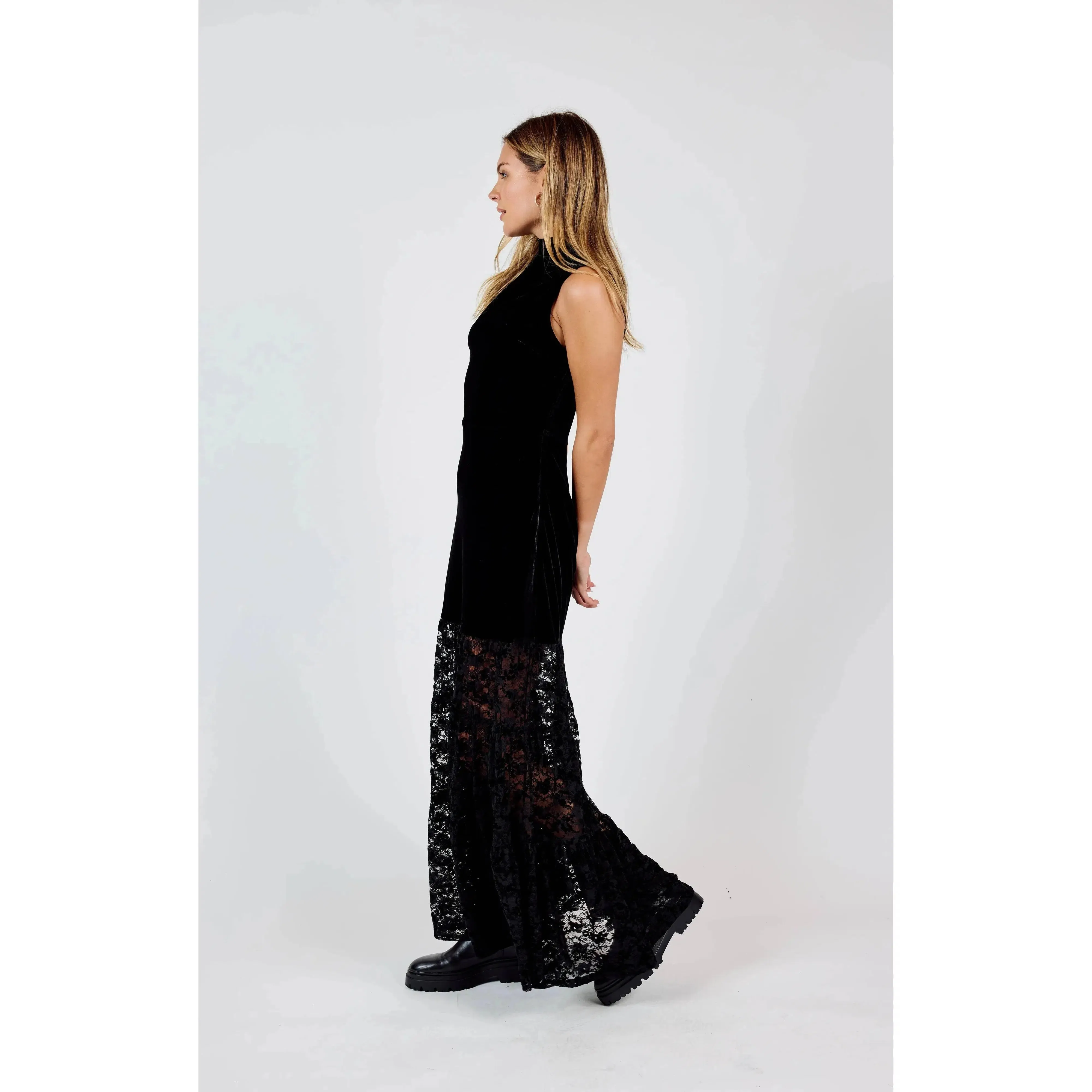 VELVET LACE CONTRAST MAXI DRESS