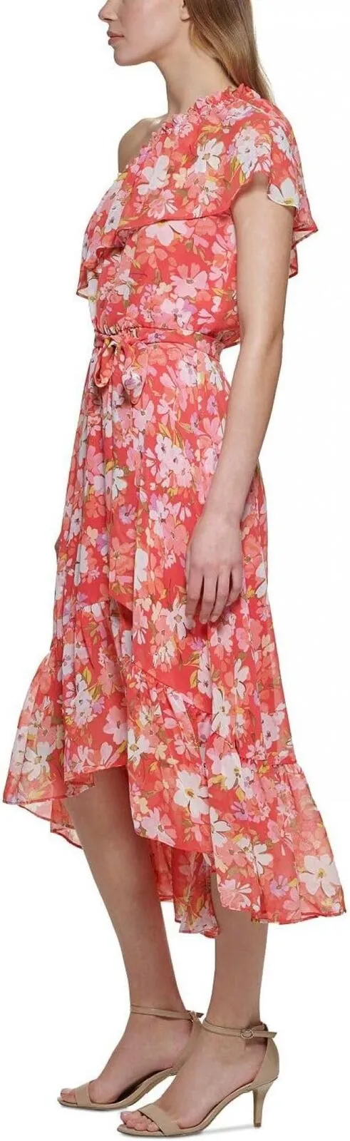 Vince Camuto Women's Floral One Shoulder High Low Dress VC2M3653 Coral Orange 16