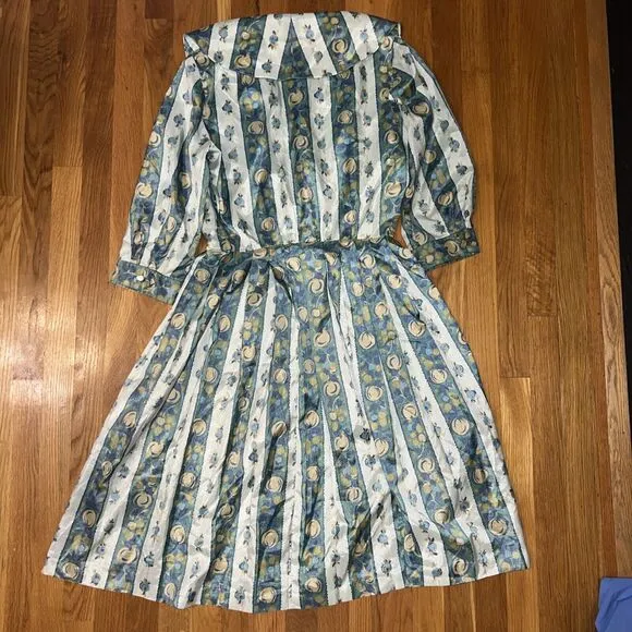 Vintage 1950s Nelly Don White Blue Floral Apple Dress Collar Shirtdress W 25&quot;