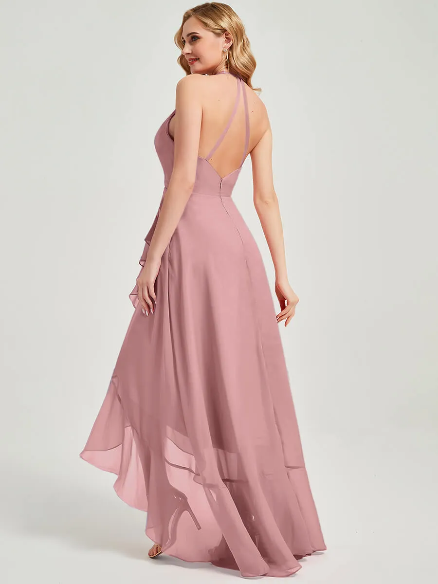 Vintage Mauve Halter Backless High Low Maxi Chiffon Bridesmaid Dress