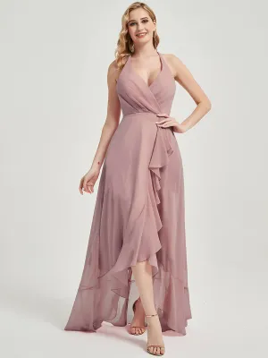 Vintage Mauve Halter Backless High Low Maxi Chiffon Bridesmaid Dress