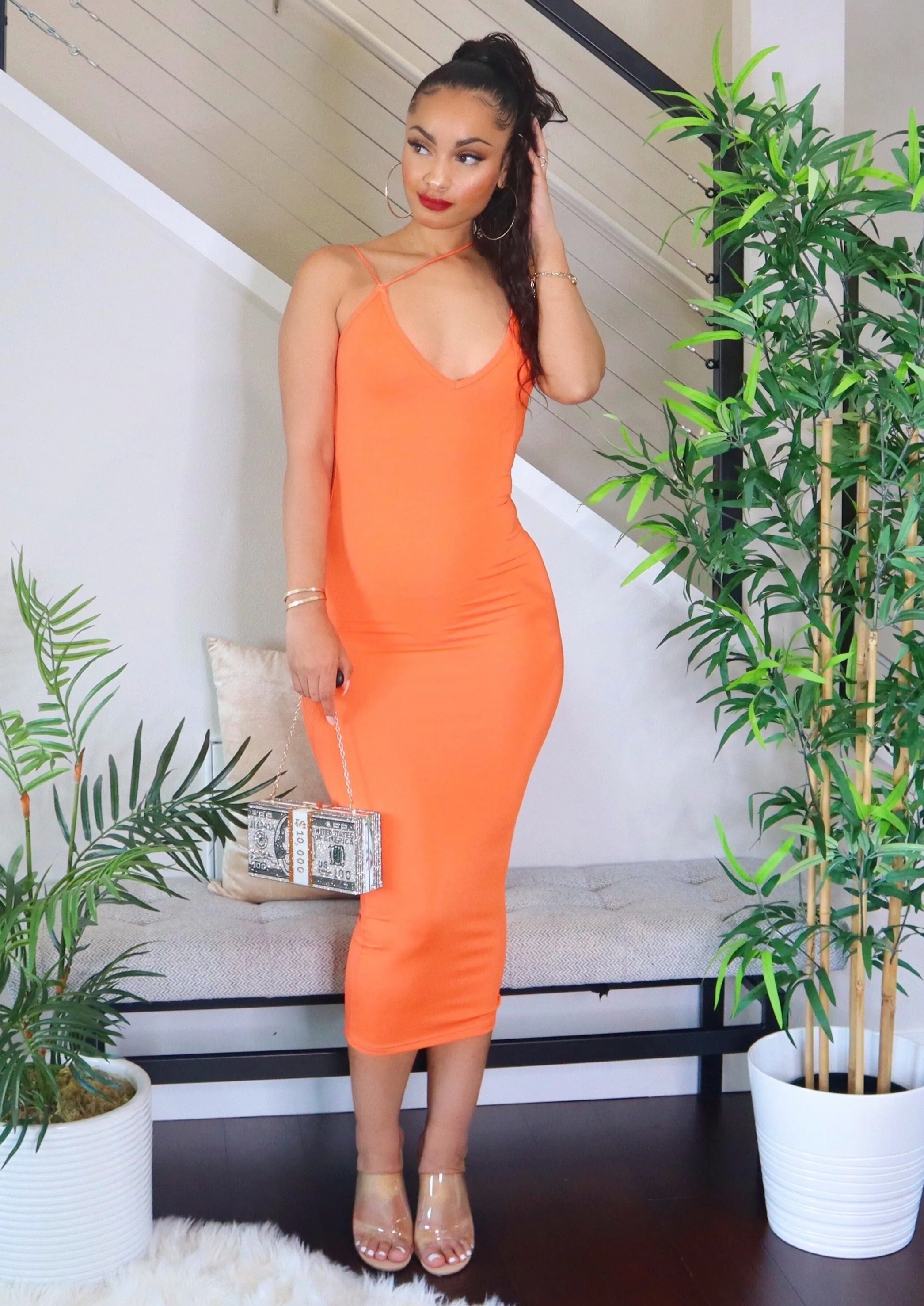 Vivian Front String Low V-Neck Dress (Orange)