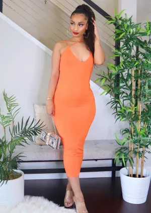 Vivian Front String Low V-Neck Dress (Orange)