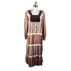 Vtg Marion Donaldson Cottagecore Hippy Prairie Dress Sz M/L Maxi Brown Pattern Mix