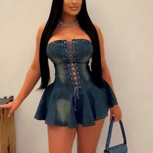 Washed Bandeacu Lace Up Denim Dress