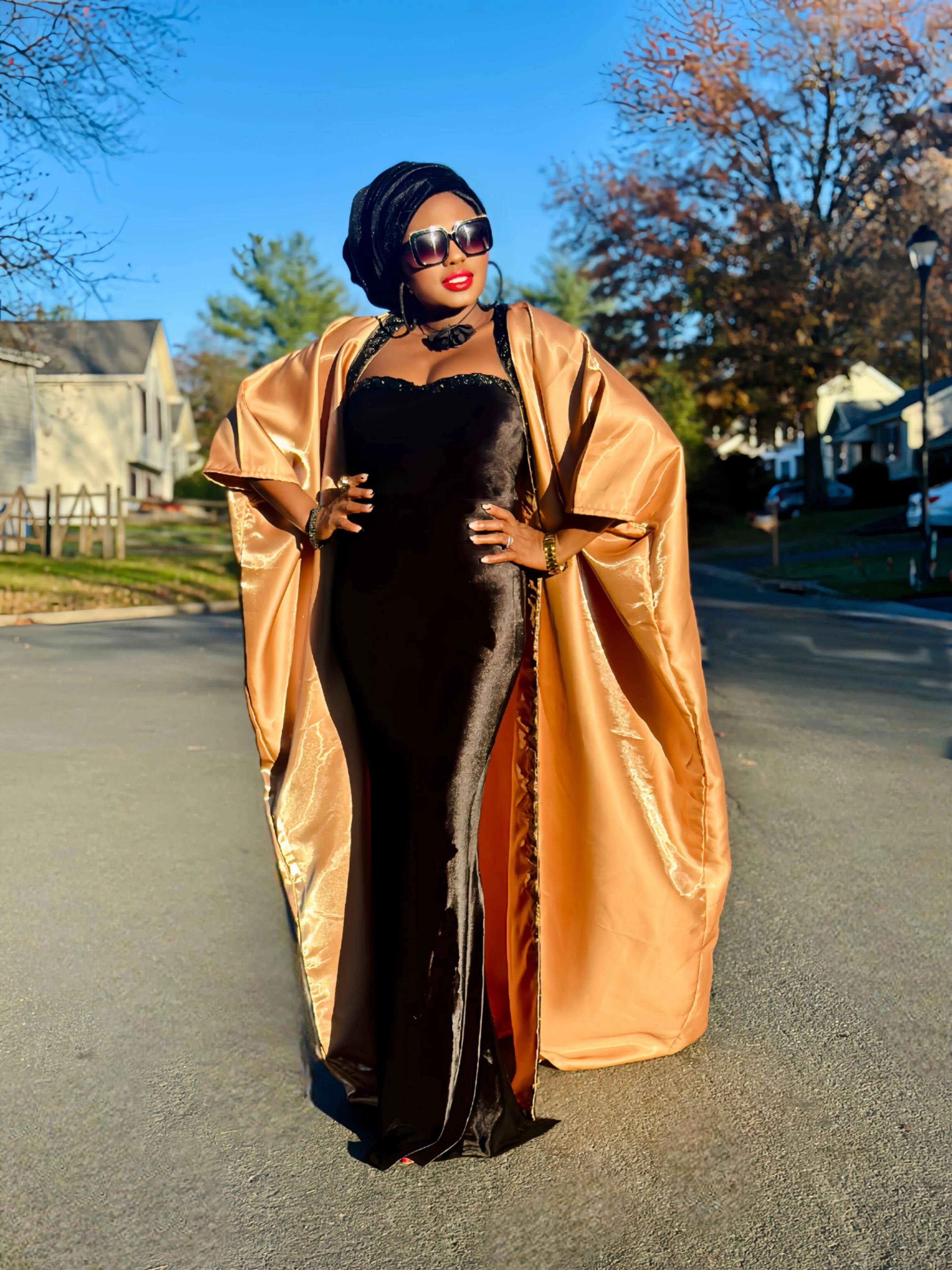 Wave Tube Velvet Black Dress with  Kimono Set
