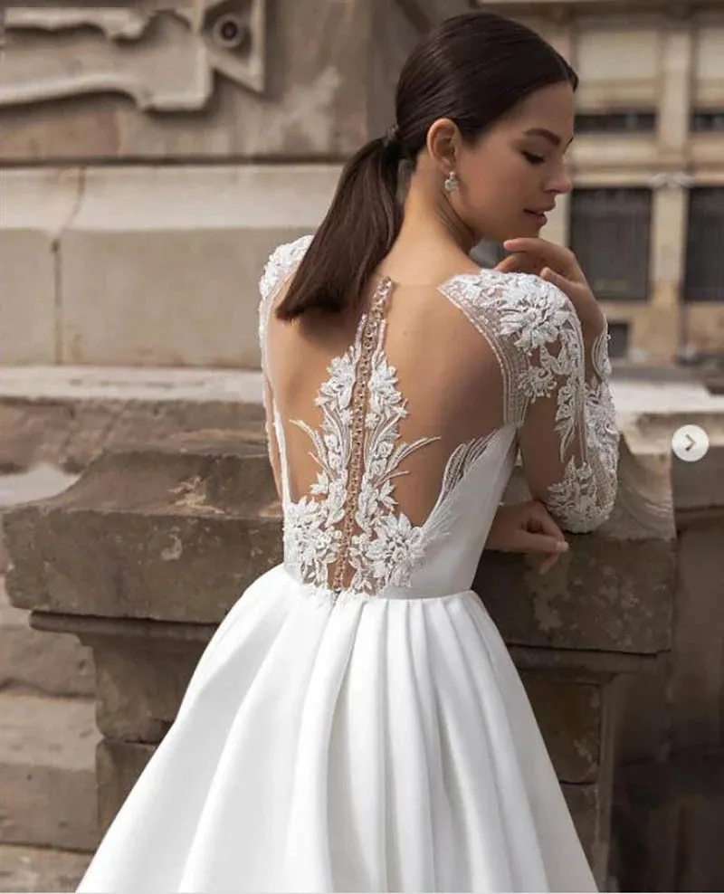 Wedding Dresses Long Sleeve Lace Bride Gowns Illusion Back