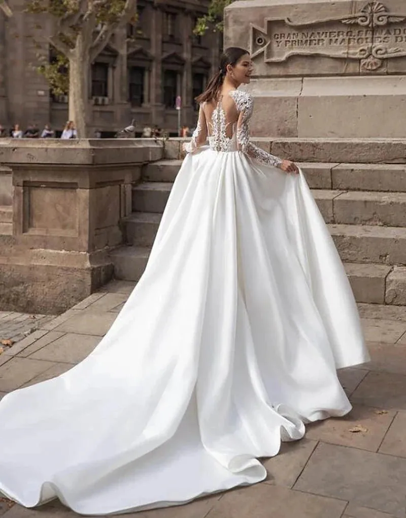 Wedding Dresses Long Sleeve Lace Bride Gowns Illusion Back