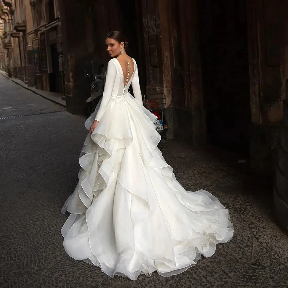 Wedding Dresses V-Neck Backless Modern Bridal Robes Long Sleeves