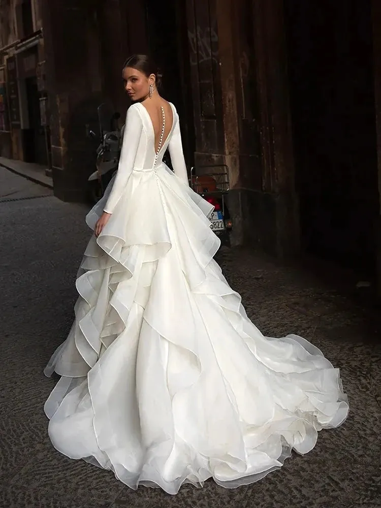 Wedding Dresses V-Neck Backless Modern Bridal Robes Long Sleeves