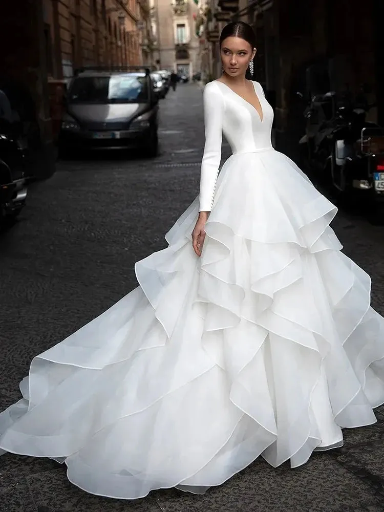 Wedding Dresses V-Neck Backless Modern Bridal Robes Long Sleeves