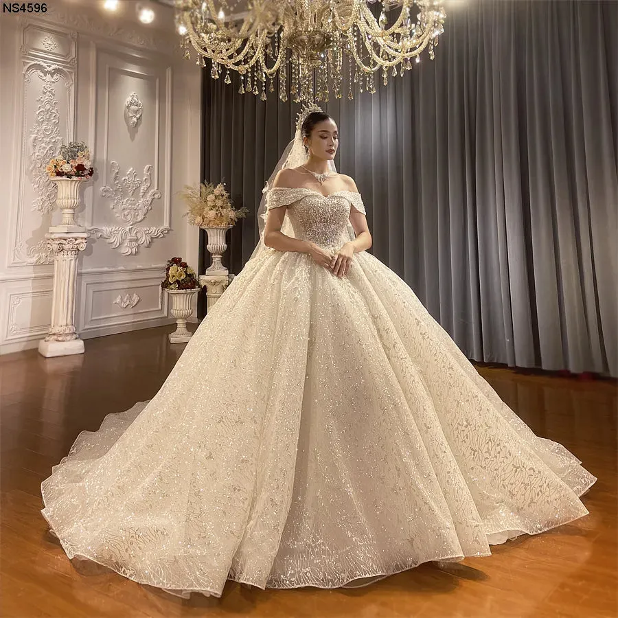 Wedding Guest Dresses: Off The Shoulder Straps Lace Wedding Dress With Small Train