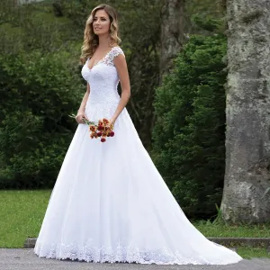 Wedding Guest Dresses: Wedding Dress for Women Bride Elegant Cap Sleeve V Neck Lace Tulle
