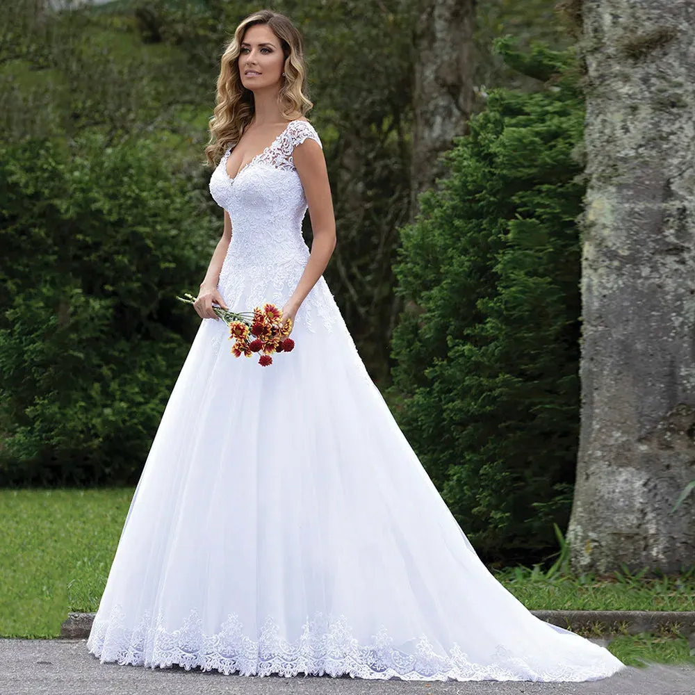 Wedding Guest Dresses: Wedding Dress for Women Bride Elegant Cap Sleeve V Neck Lace Tulle