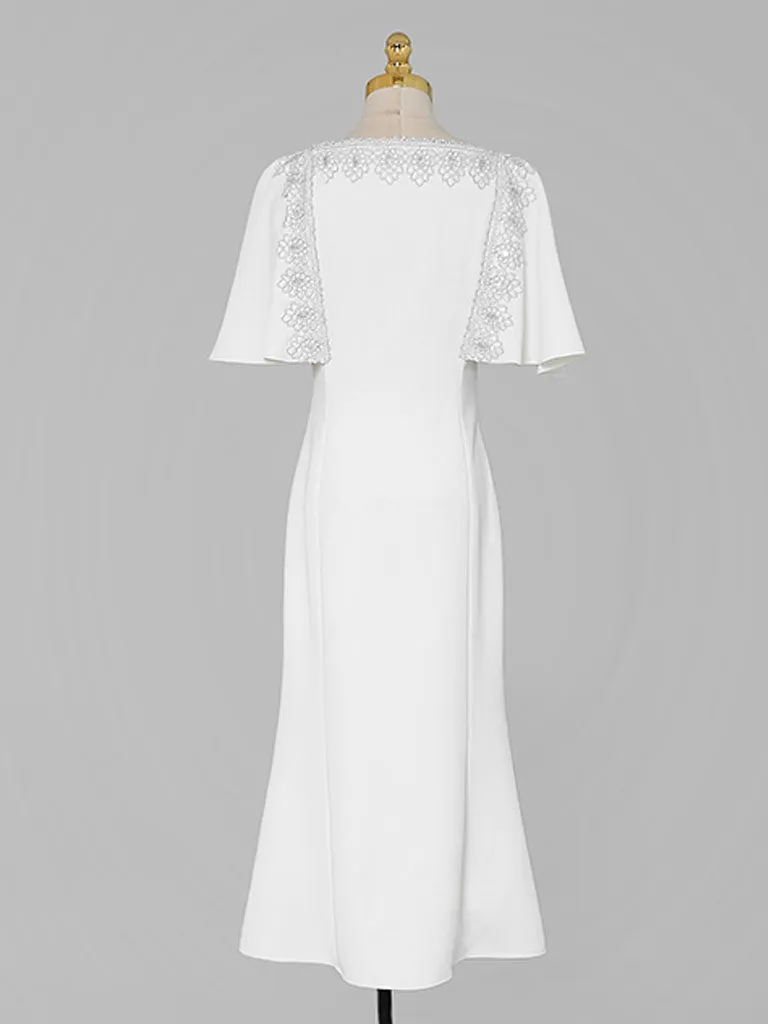 White Lace Short Sleeve Cape High Waist Fishtail Dress