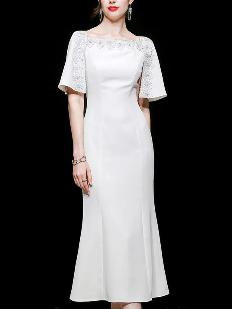 White Lace Short Sleeve Cape High Waist Fishtail Dress