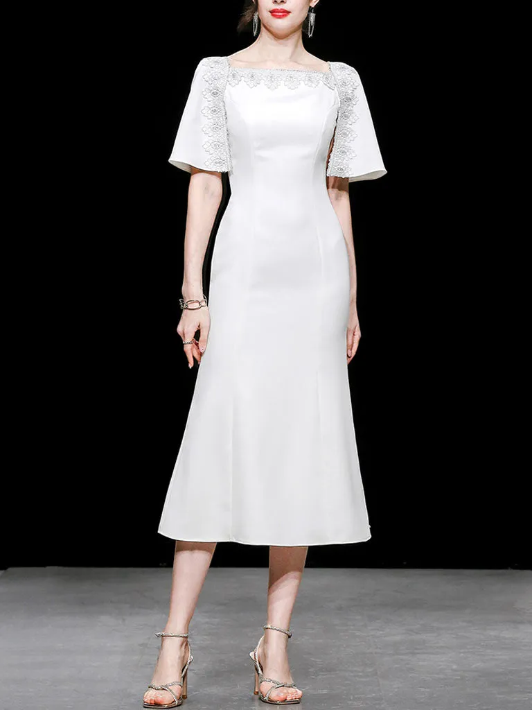 White Lace Short Sleeve Cape High Waist Fishtail Dress