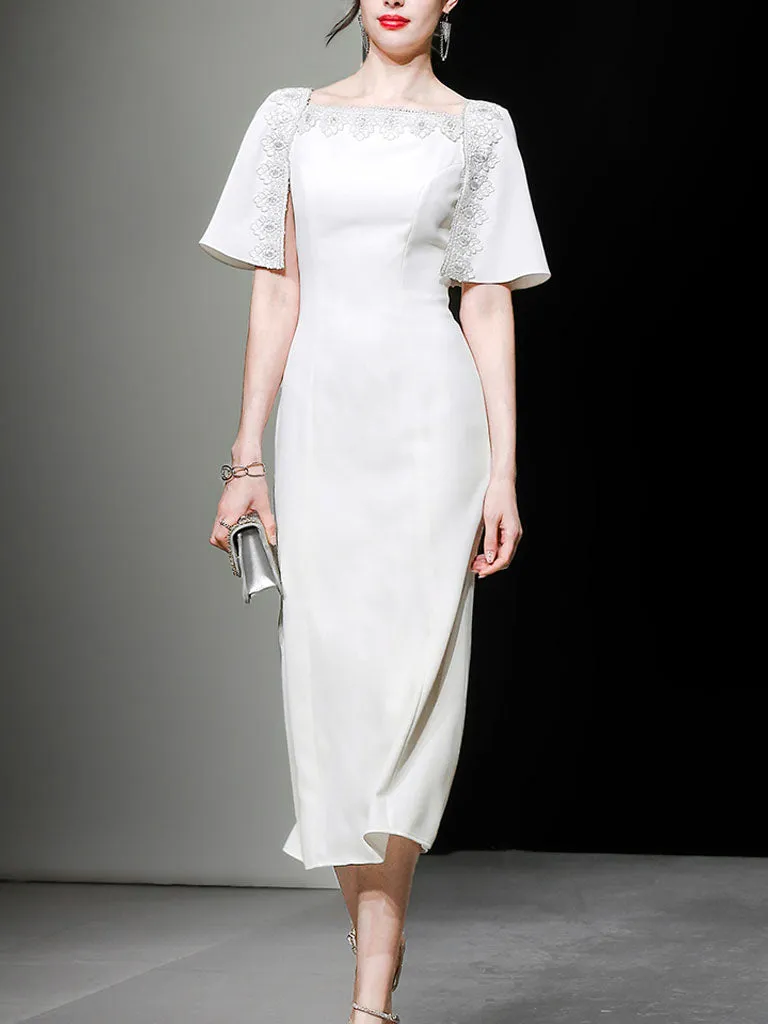 White Lace Short Sleeve Cape High Waist Fishtail Dress
