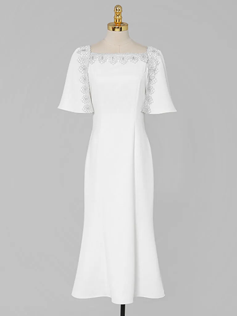 White Lace Short Sleeve Cape High Waist Fishtail Dress
