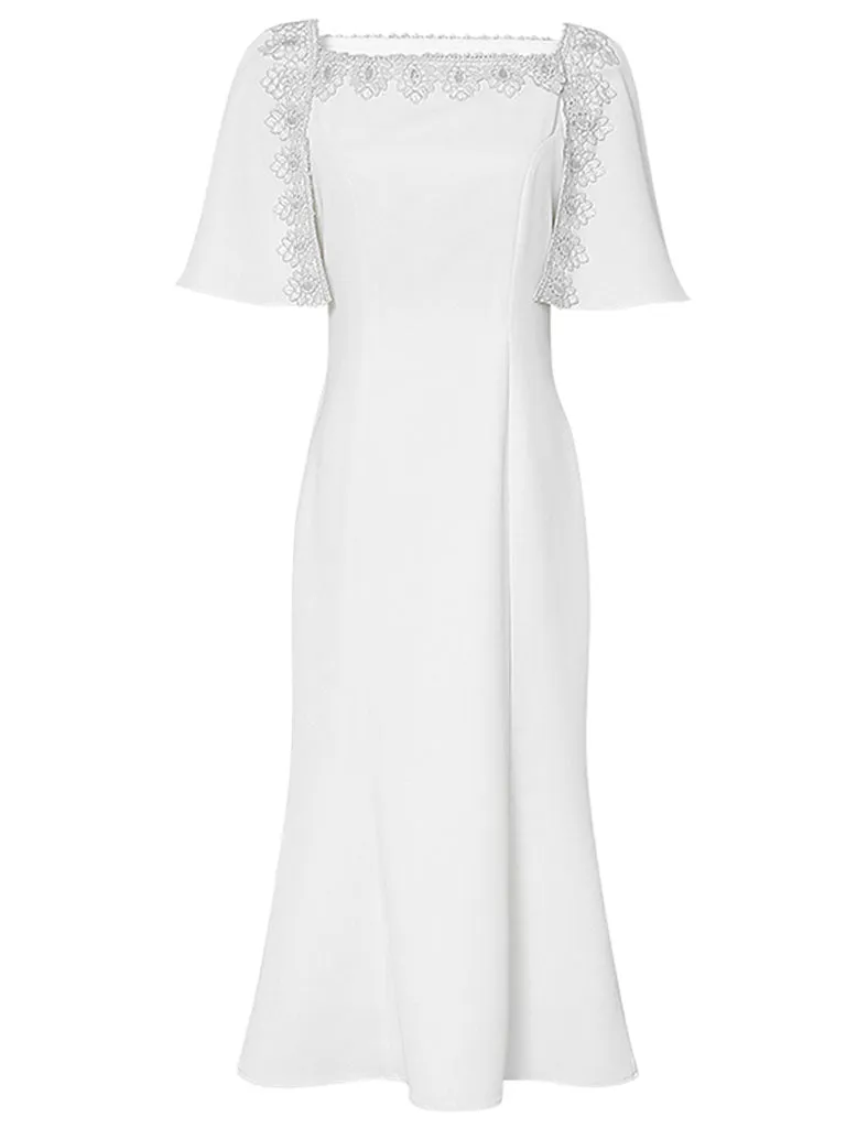 White Lace Short Sleeve Cape High Waist Fishtail Dress
