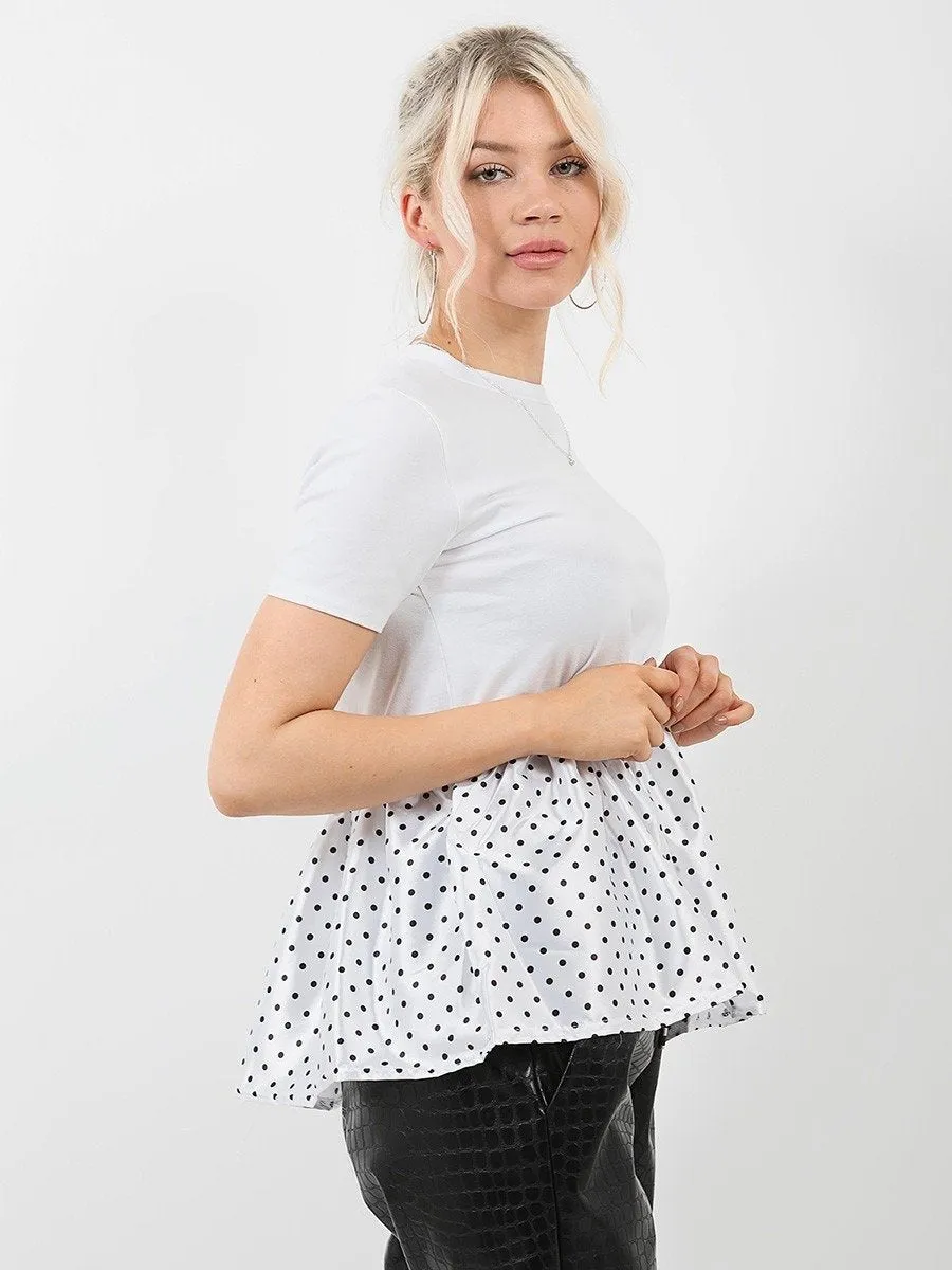 White Polka Dot Satin Frill Hem Top