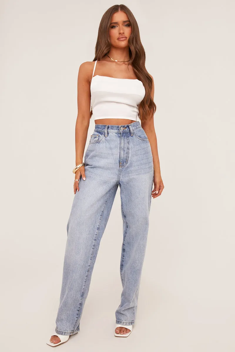 White Satin Cowl Neck Lace Up Back Cropped Top - Tia
