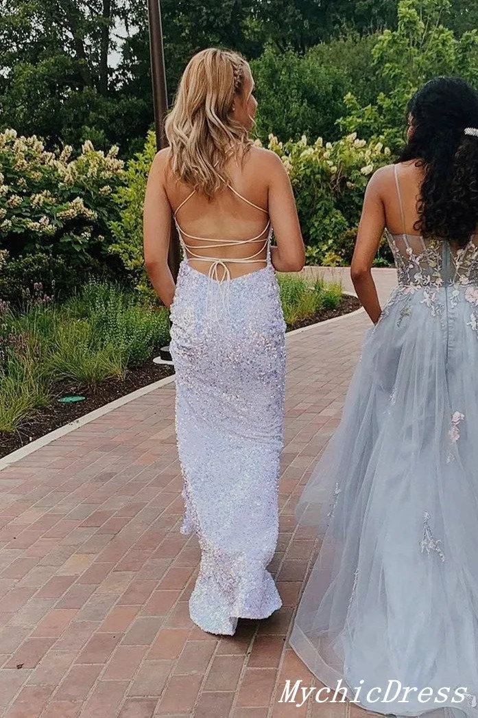 White Spaghetti Straps Split Iridescent Sequin Prom Dresses 2024