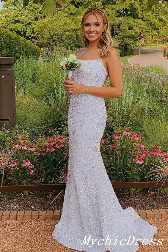 White Spaghetti Straps Split Iridescent Sequin Prom Dresses 2024