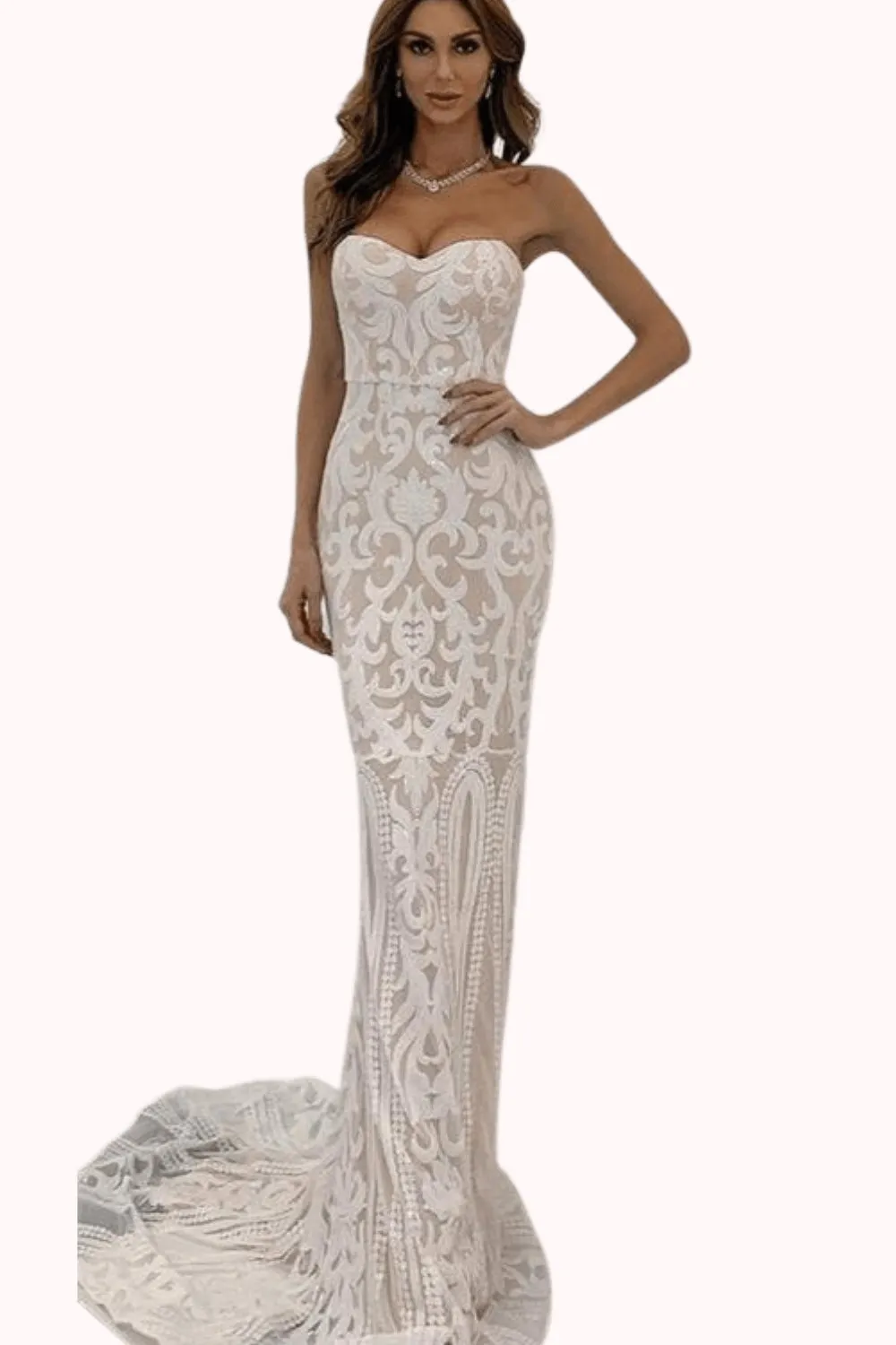 White Strapless Bodycon geometric Sequins Maxi Wedding Dress