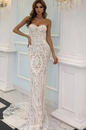 White Strapless Bodycon geometric Sequins Maxi Wedding Dress
