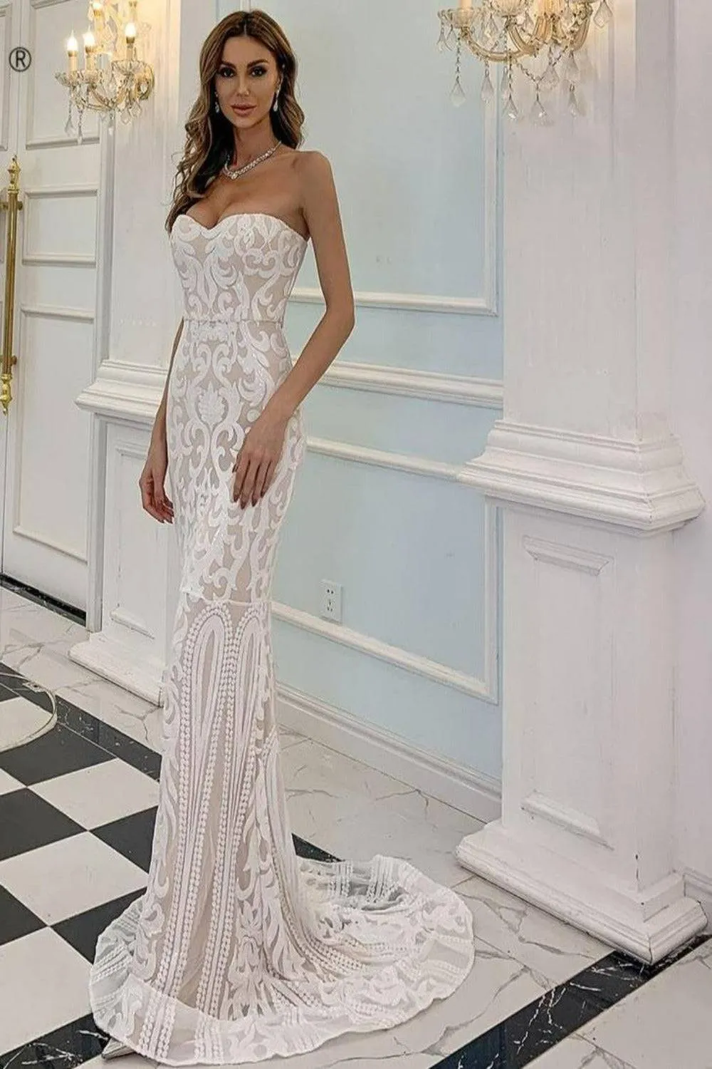White Strapless Bodycon geometric Sequins Maxi Wedding Dress