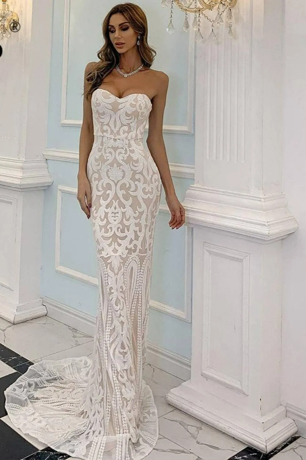 White Strapless Bodycon geometric Sequins Maxi Wedding Dress