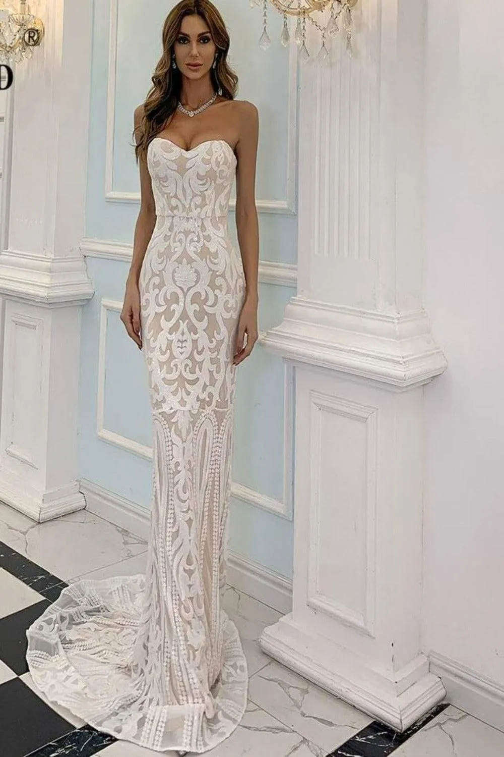 White Strapless Bodycon geometric Sequins Maxi Wedding Dress