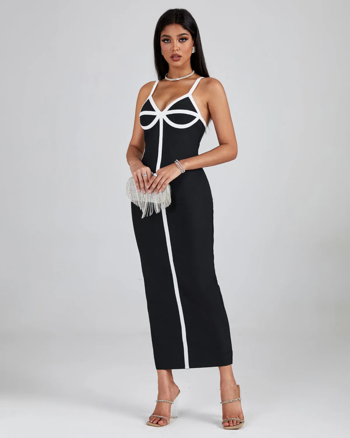 White-Stripe Midi Bandage Dress