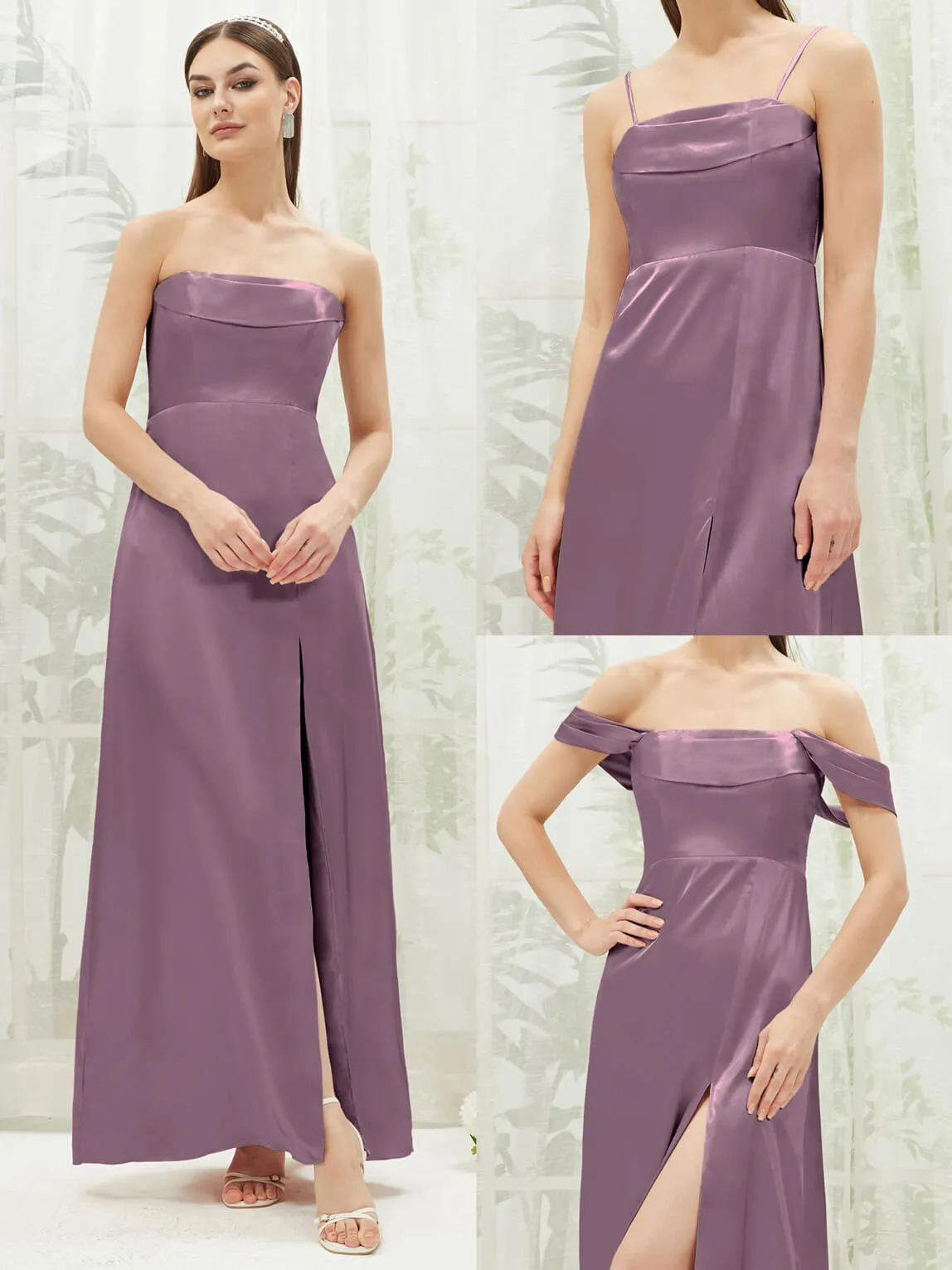 Wisteria Satin Convertible Slit Floor Length  Bridesmaid Dresses