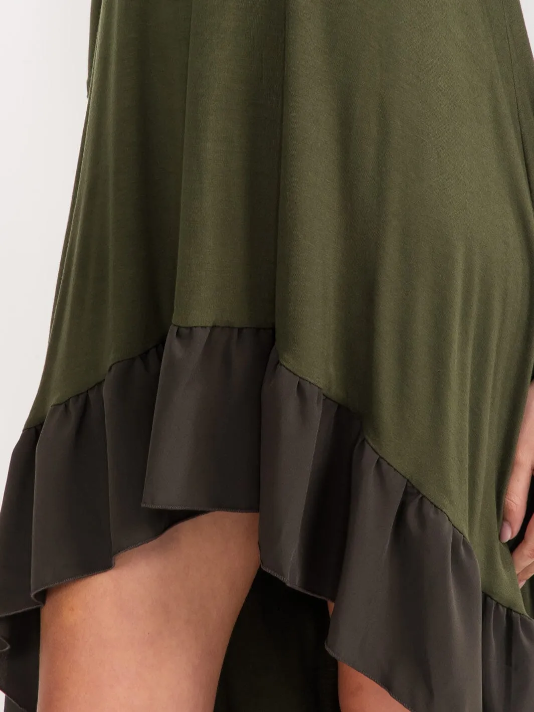 WOMEN'S 3/4 SLEEVE TUNIC RUFFLE BOTTOM HEM HIGH LOW MIDI DRESS