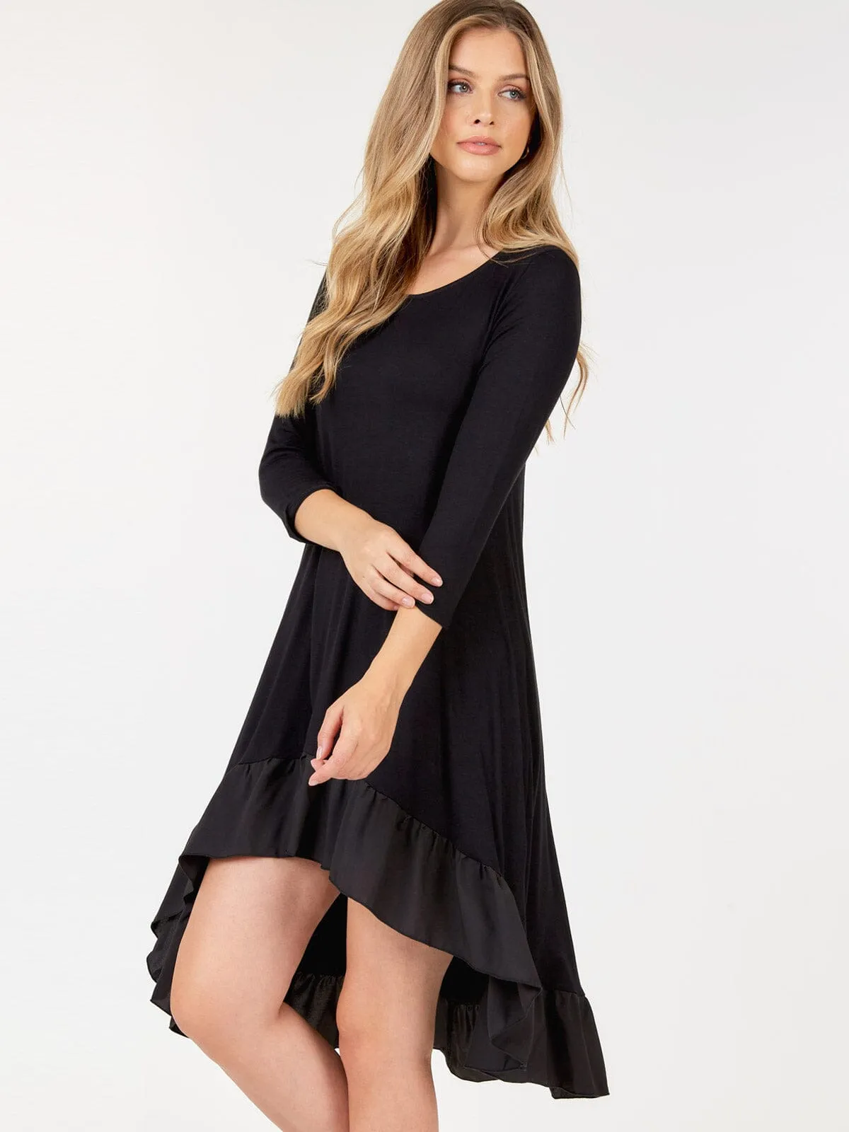 WOMEN'S 3/4 SLEEVE TUNIC RUFFLE BOTTOM HEM HIGH LOW MIDI DRESS