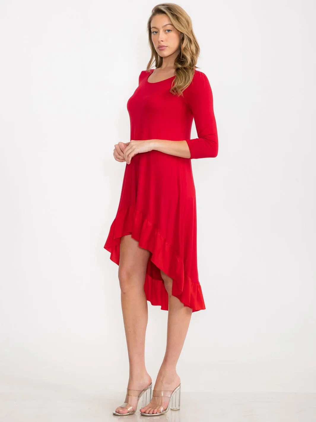 WOMEN'S 3/4 SLEEVE TUNIC RUFFLE BOTTOM HEM HIGH LOW MIDI DRESS